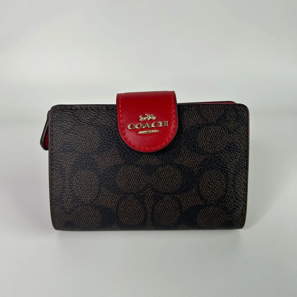 Coach Medium Corner Zip Wallet Walnut Bold Red Signature Canvas NEW